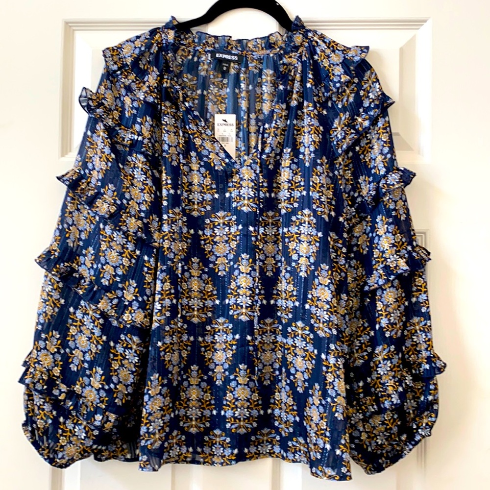 Express jacquard navy blue balloon sleeve shirt